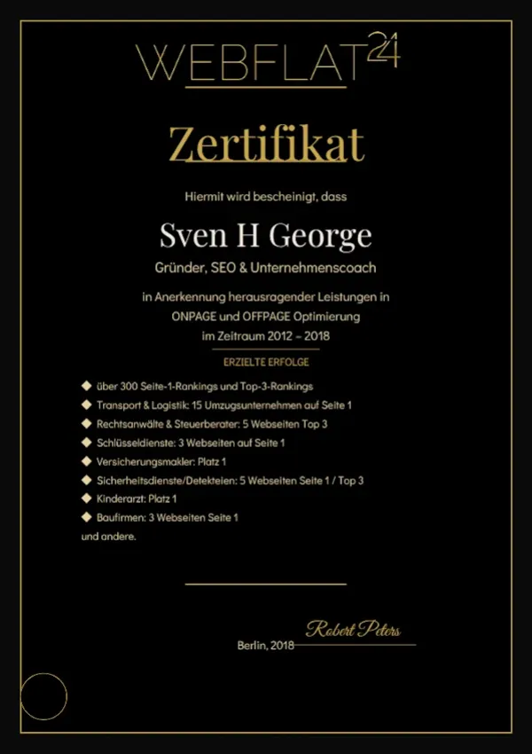 Webflat24 Zertifikat und SEO Nachweis