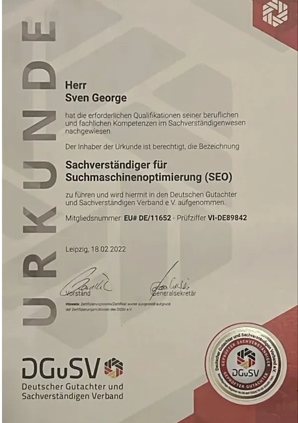 Urkunde als SEO Sachverständiger 